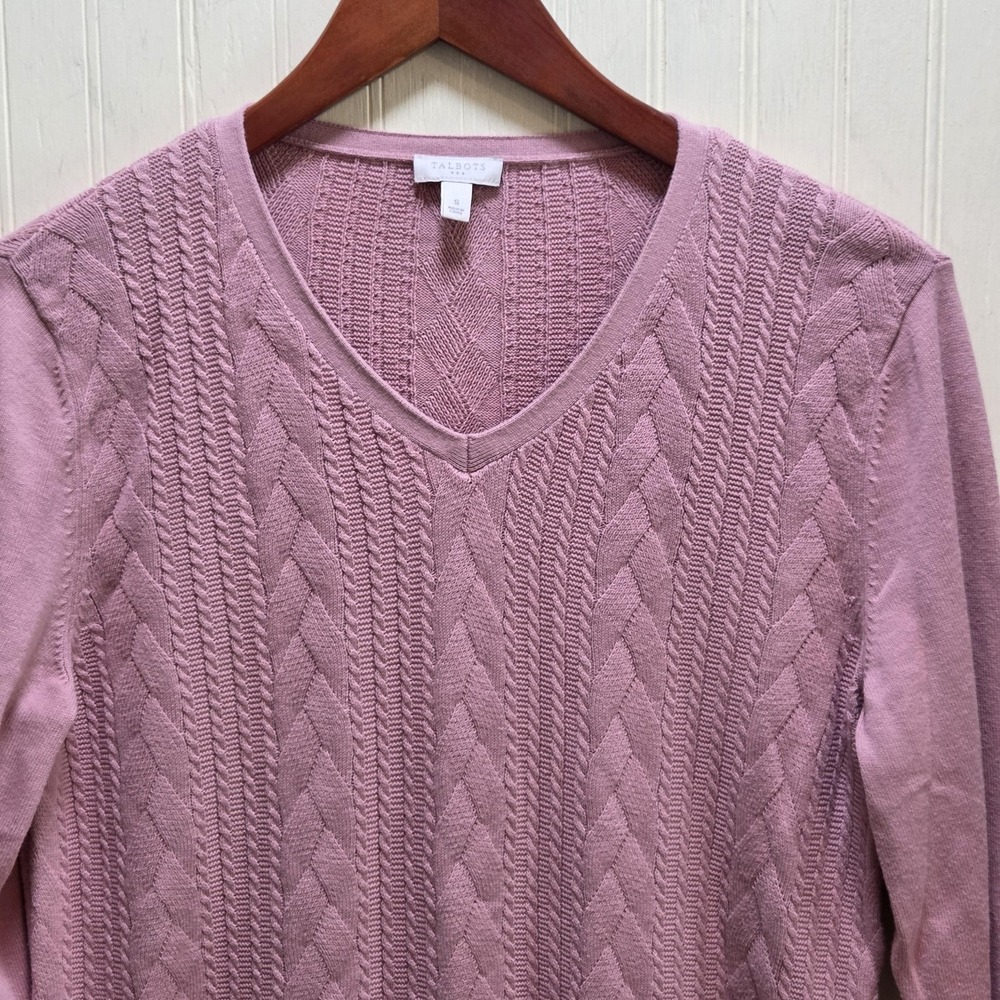 Talbots Sweater Womens Small Pink V Neck Cable‎ Knit Cotton Pullover Long Sleeve